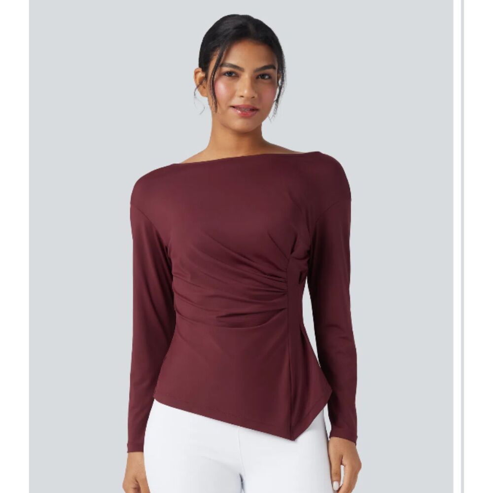 Halara Boat Neck Red Long Sleeve Ruched Asymmetrical Hem Blouse Size L NWT